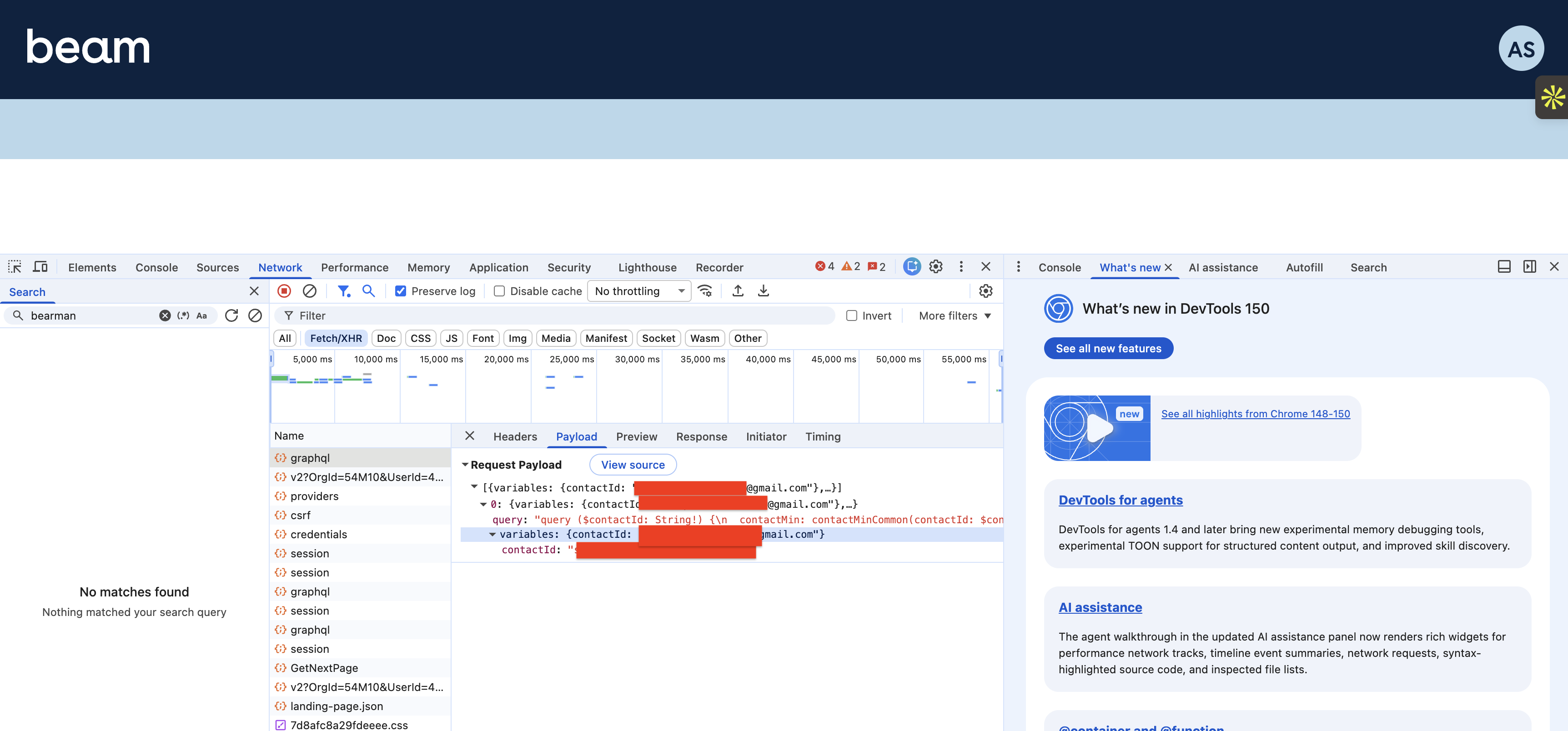 Redacted Beam Living GraphQL contact request shown in Chrome DevTools