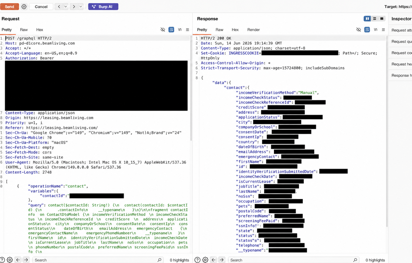Redacted Beam Living GraphQL response showing exposed SSN and applicant fields