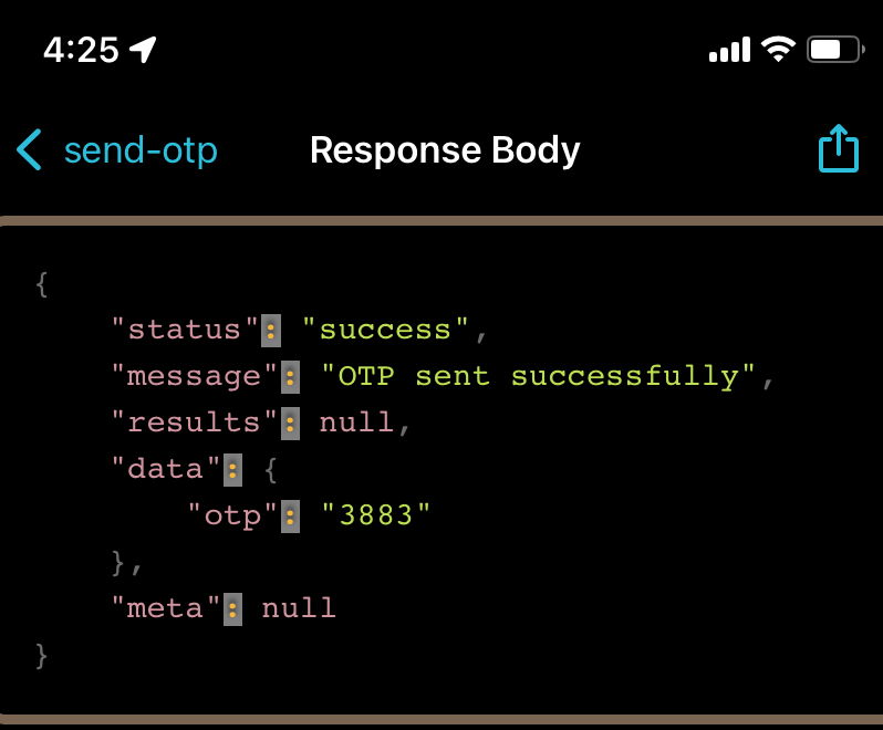 Screenshot of OTP response revealing the one-time password vulnerability