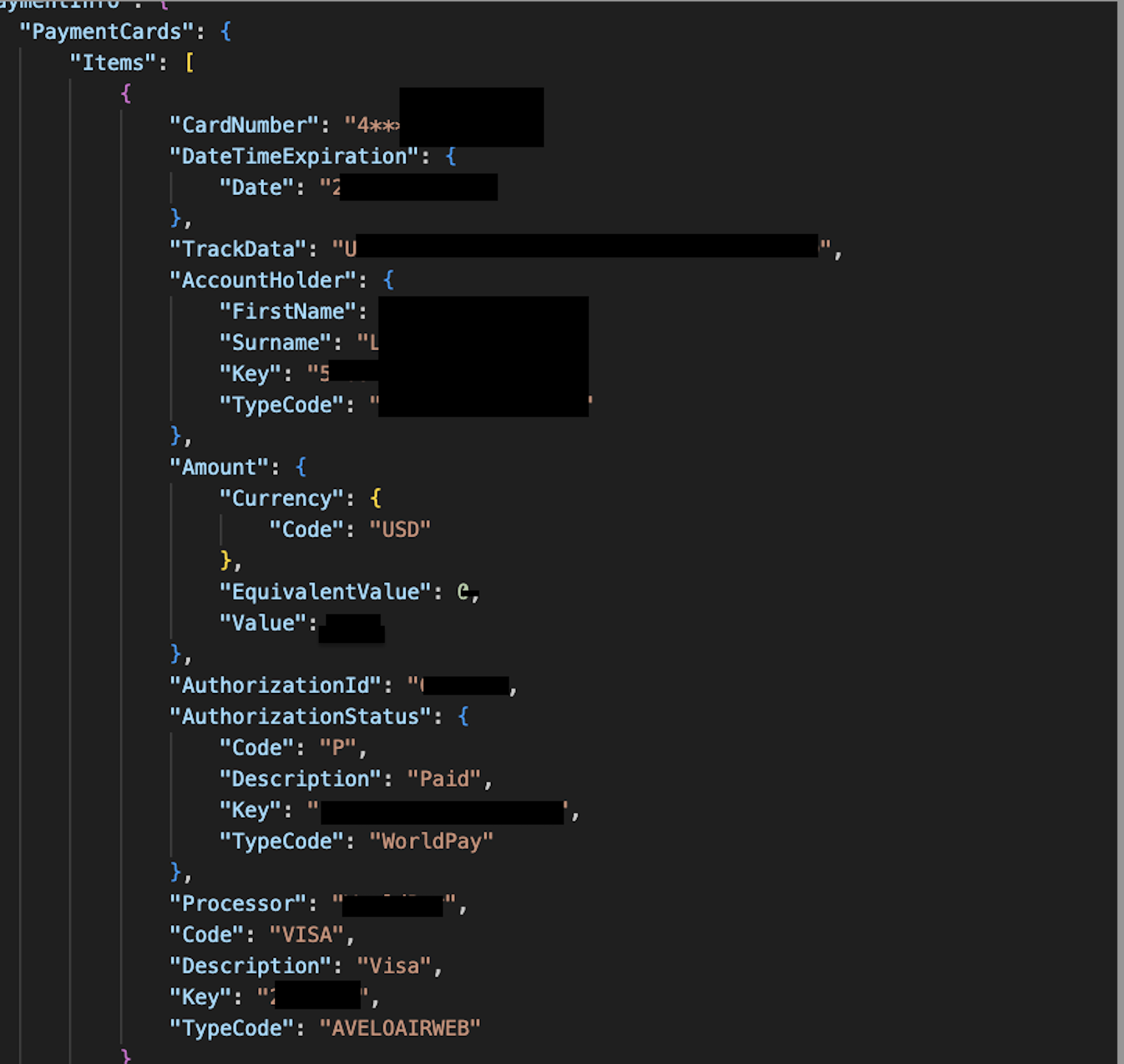 Payment card data in API response